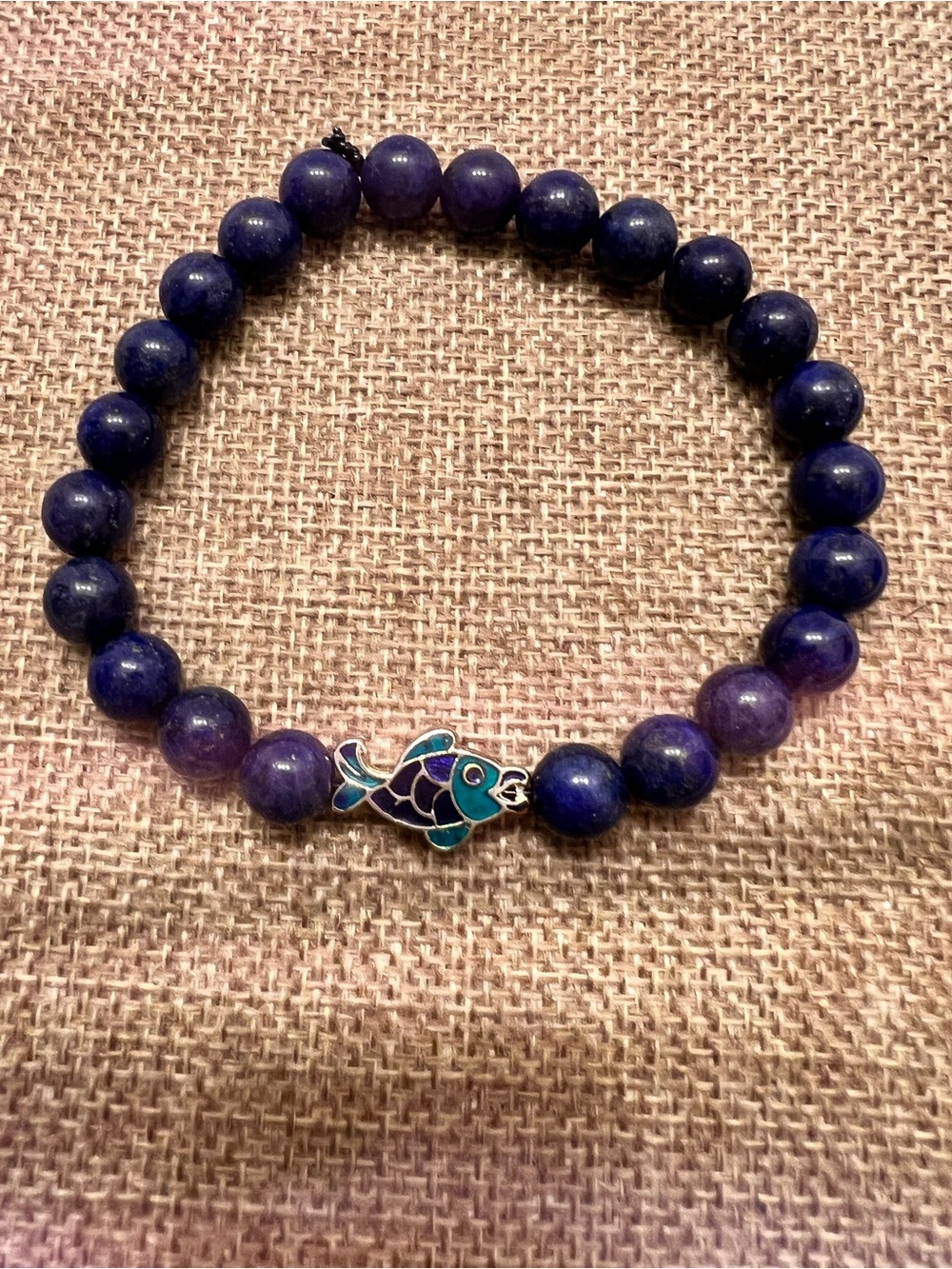 Lapis Blue Beaded Stretch Bracelet with Enamel Fish Accent - Unisex
